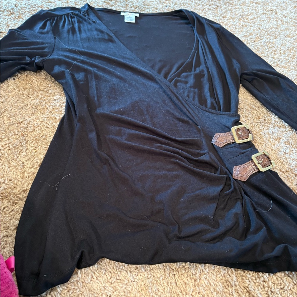 Michael Kors Vintage Black Rayon Blend Top with brown leather closures